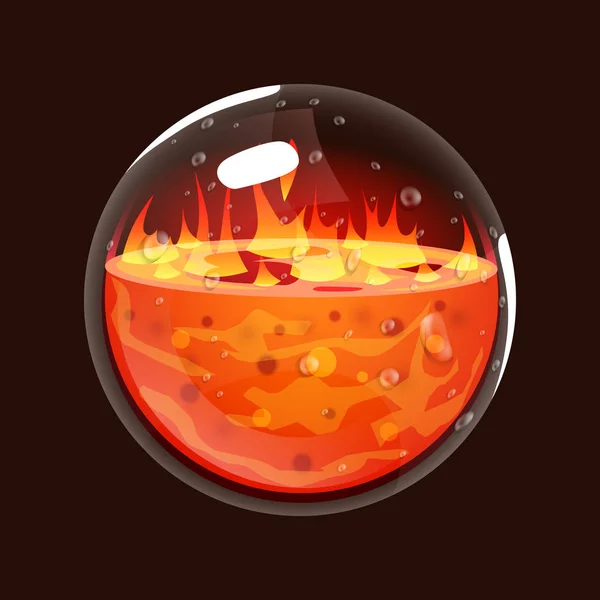 Botella de fuego. Icono del juego del orbe mágico. Interfaz para el juego RPG o Match3. Gran variante. Fuego, energía, lava, llama . — Archivo Imágenes Vectoriales