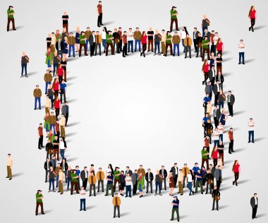 Beyaz arka plan üzerinde kare çerçeve içinde kalabalık insanların büyük grup.