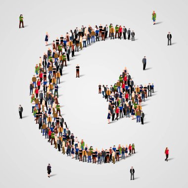 Büyük bir grup insan yıldız ve hilal şeklinde. İslam'ın işareti. Müslüman arka plan. Dini sembol.