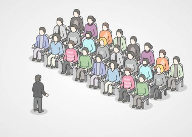 Seyirci sandalyelere oturan insanlar. Hoparlör tanıtım ve pazarlama, satış veya e-ticaret hakkında profesyonel eğitim yapıyor. Sunum ya da motivasyon Konferansı.