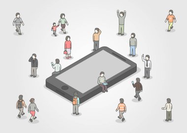Grup smartphone duran insan. Sosyal ağ ve medya kavramı. İzometrik tasarım.
