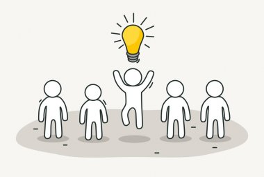 Yaratıcı lideri ile küçük beyaz insanlar. Yaratıcı fikir ilham kavramı. Çizilmiş karikatür el veya tasarım kroki.