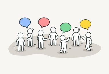 Küçük beyaz insanlar sohbet kabarcıkları ile konuşuyor. Konferans veya tartışma kavramı. Çizilmiş karikatür el veya tasarım kroki.