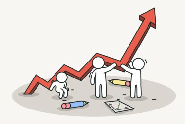 Küçük beyaz insanlar kırmızı grafik ok kaldırın. Takım çalışması ve başarı kavramı. Çizilmiş karikatür el veya tasarım kroki.