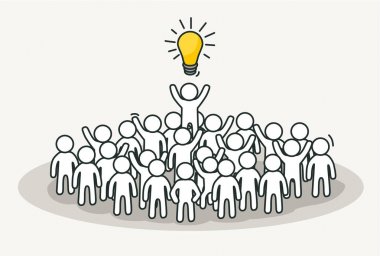 Yaratıcı lideri ile küçük beyaz insanlar. Yaratıcı fikir ilham kavramı. Çizilmiş karikatür el veya tasarım kroki.