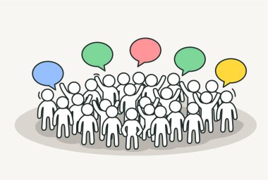 Küçük beyaz insanlar sohbet kabarcıkları ile konuşuyor. Konferans veya tartışma kavramı. Çizilmiş karikatür el veya tasarım kroki.