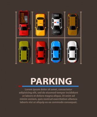 Şehir Park vektör web afiş. Sıkıntısı park yerleri. Çok araba kalabalık bir park. Buraya park edilmez.