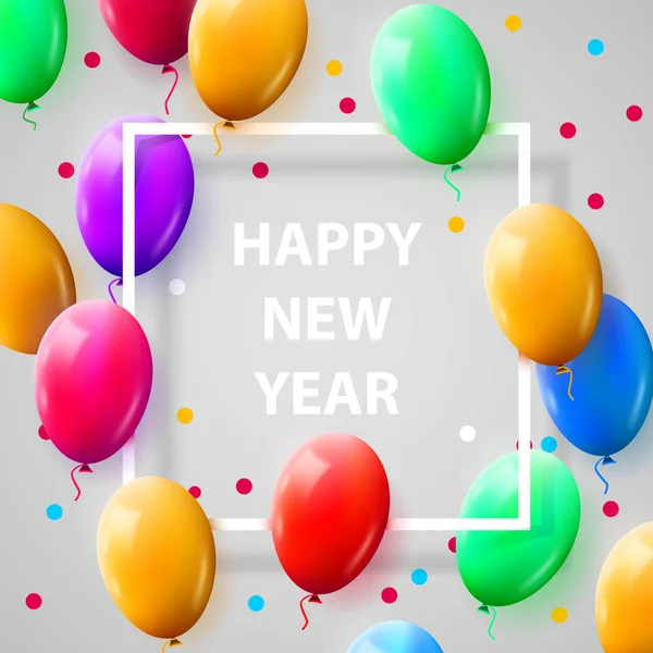 New year celebration Poster with Shiny Balloons on White Background with Square Frame. — Stock Vector