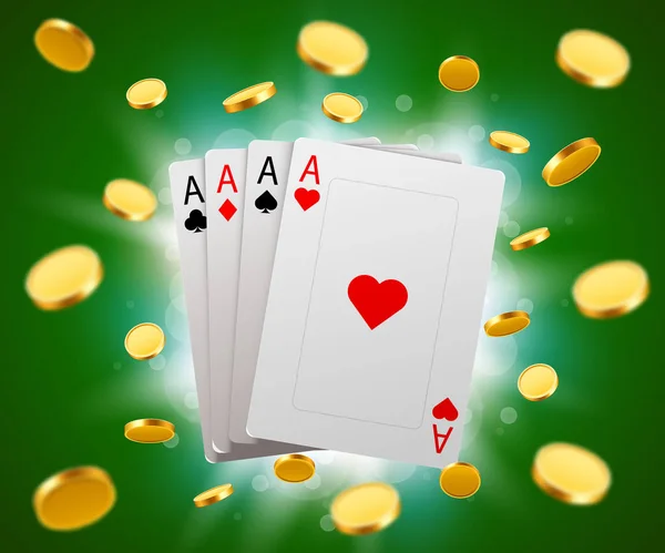 Pokerkaarten en explosie van munten. Casino concept. — Stockvector