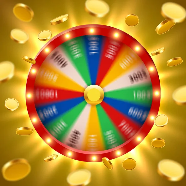 Realistic 3d spinning fortune wheel with flying golden coins. Lucky roulette. — Stock Vector