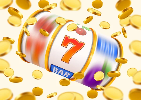 Gouden slotmachine met vliegende gouden munten wint de jackpot. Ruime zege concept. — Stockvector