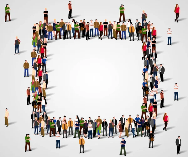 Beyaz arka plan üzerinde kare çerçeve içinde kalabalık insanların büyük grup.