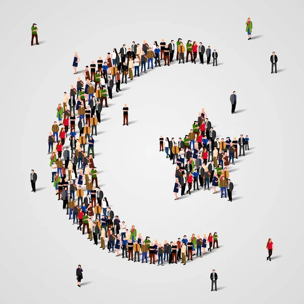 Büyük bir grup insan yıldız ve hilal şeklinde. İslam'ın işareti. Müslüman arka plan. Dini sembol.