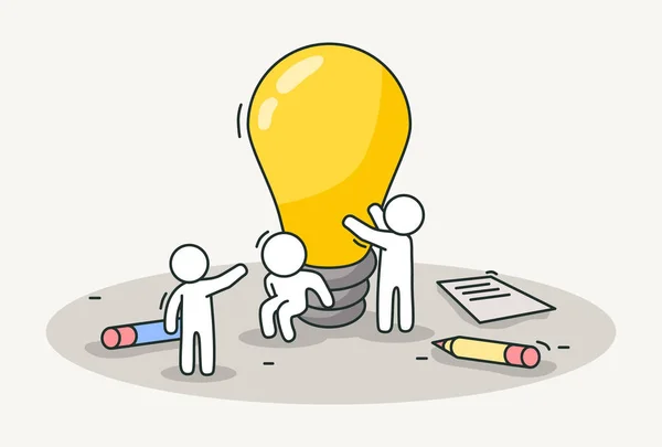 Kleine witte mensen een lamp installeren. Creatief idee, teamwork en inspiratie concept. Hand getekende cartoon of schets ontwerp. — Stockvector