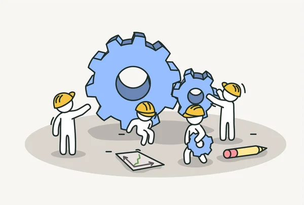 Little white people working installing gears. Technology work, teamwork and professional concept. Hand drawn cartoon or sketch design. — Stock Vector