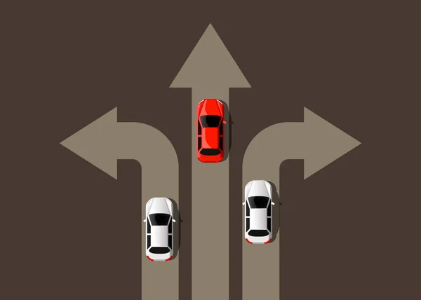 Αυτοκίνητο κινείται σε διαφορετικές κατευθύνσεις. Ηγέτης έννοια. Δρόμο προς την επιτυχία. — Διανυσματικό Αρχείο