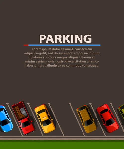 Ciudad estacionamiento vector web banner. Escasez de plazas de aparcamiento. Muchos coches en un aparcamiento lleno de gente. Zona de aparcamiento . — Vector de stock