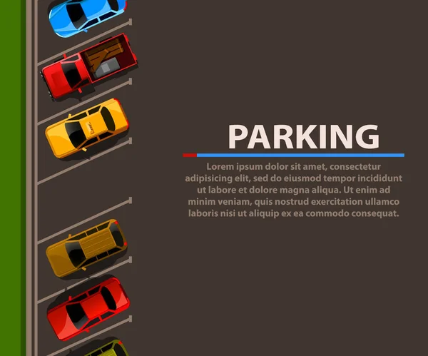 Ciudad estacionamiento vector web banner. Escasez de plazas de aparcamiento. Muchos coches en un aparcamiento lleno de gente. Zona de aparcamiento . — Vector de stock