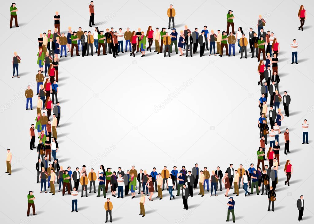 Large group of people crowded in square frame on white background.