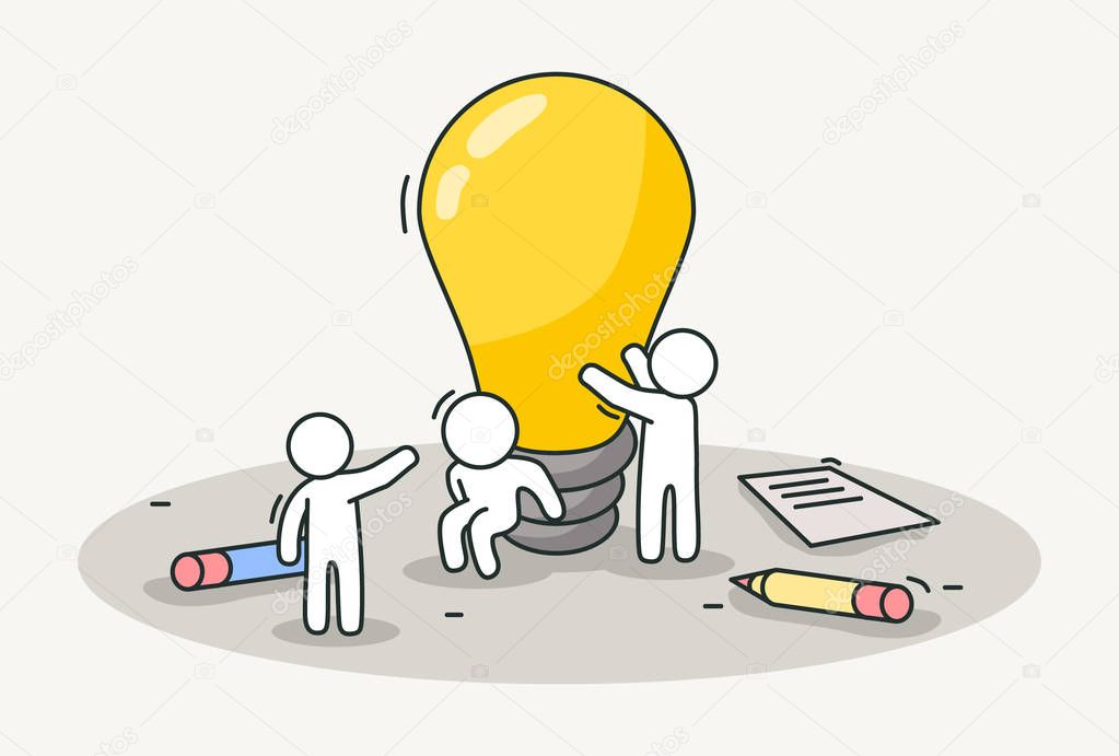 Little white people installing a lamp. Creative idea, teamwork and inspiration concept. Hand drawn cartoon or sketch design.