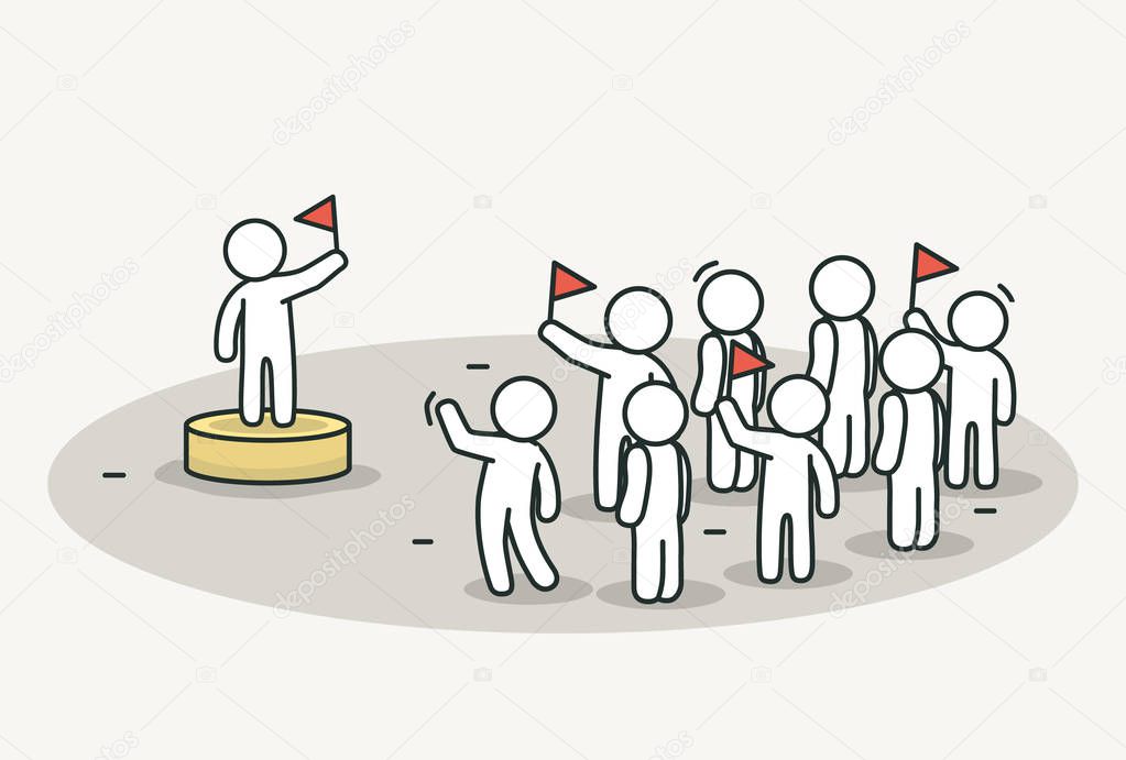 Little white people with leader on celebration or political action. Protest and leader concept. Hand drawn cartoon or sketch design.