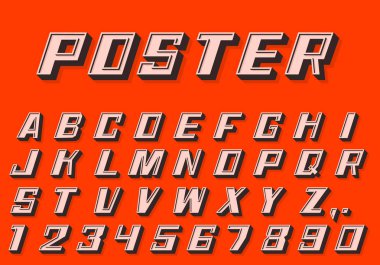 Poster 3d yazı tipi rakam ve harf retro tarzı.