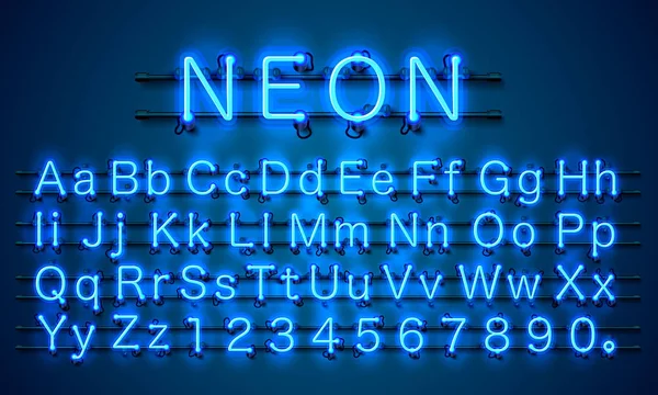 Neon Stadt Farbe blaue Schrift. Zeichen des englischen Alphabets. — Stockvektor