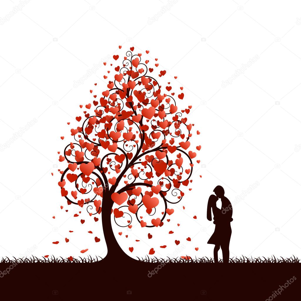 A black tree with red hearts instead of leaves.