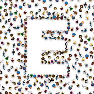 Bir grup İngilizce alfabe E harfinin içinde insan.