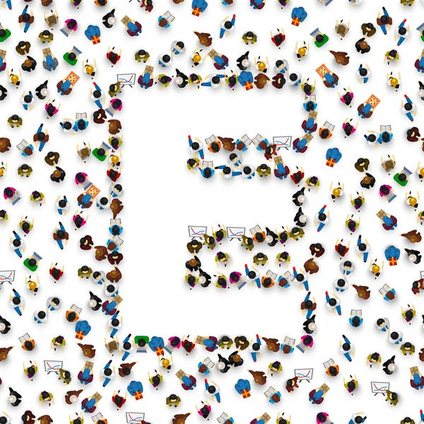 Bir grup İngilizce alfabe E harfinin içinde insan.