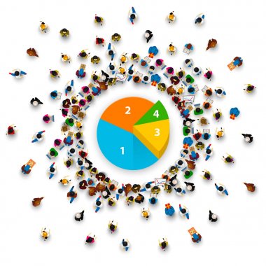 İnsanlar pasta grafiği çevreleyen.