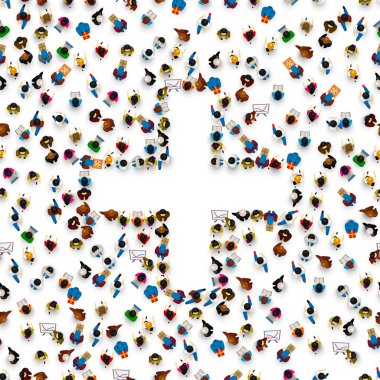 İnsanlar bir sembol artı şeklinde öbek.