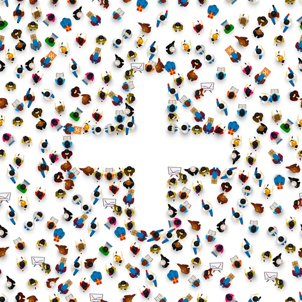 İnsanlar bir sembol artı şeklinde öbek.