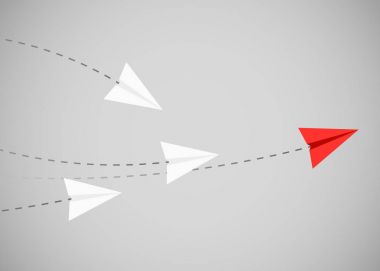 Minimalist stile kırmızı kağıt uçak beyaz olanlar için yönünü gösterir. Lider, patron, Yöneticisi, kazanan kavramı.