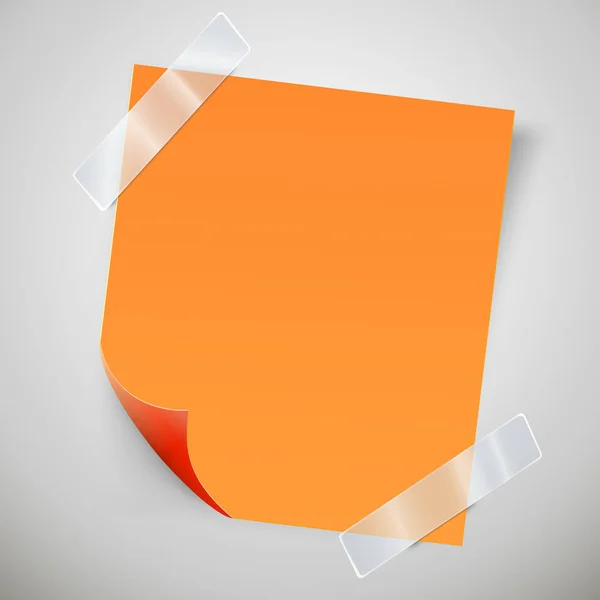 Orangefarbene Haftnotiz mit gekrümmter Ecke und Klebeband. — Stockvektor