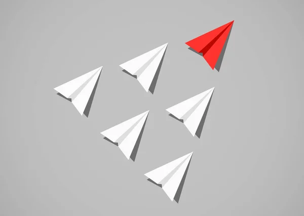 Rode papieren vliegtuigje als een leider onder witte vliegtuigen. Leiderschap, teamwork, motivatie concept. — Stockvector