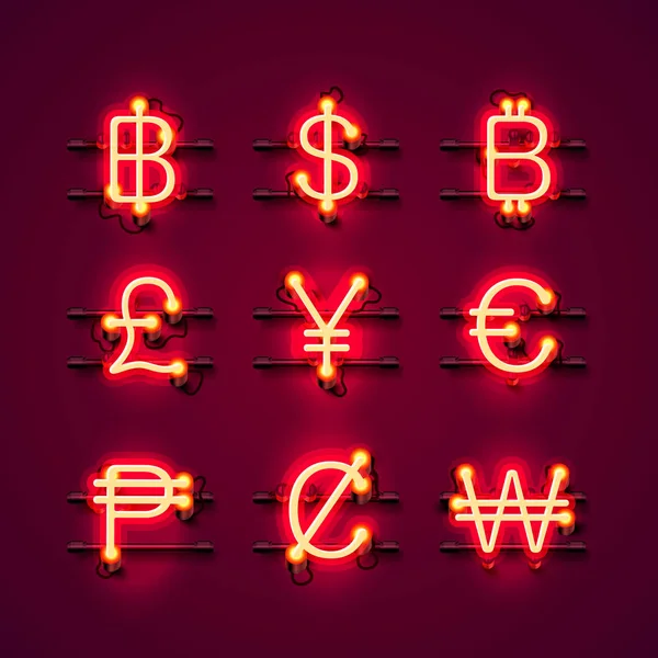 Neon valutasymboler på den röda bakgrunden. — Stock vektor