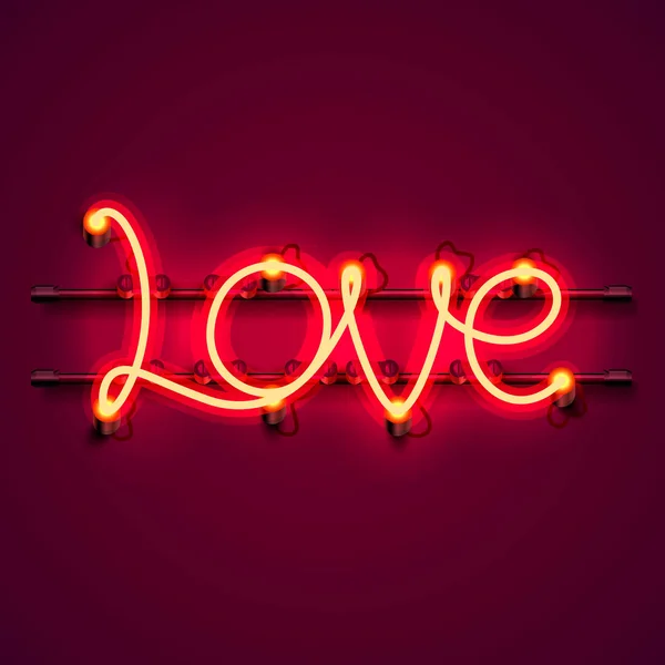 Neon text love signboard on the red background. — Stock Vector