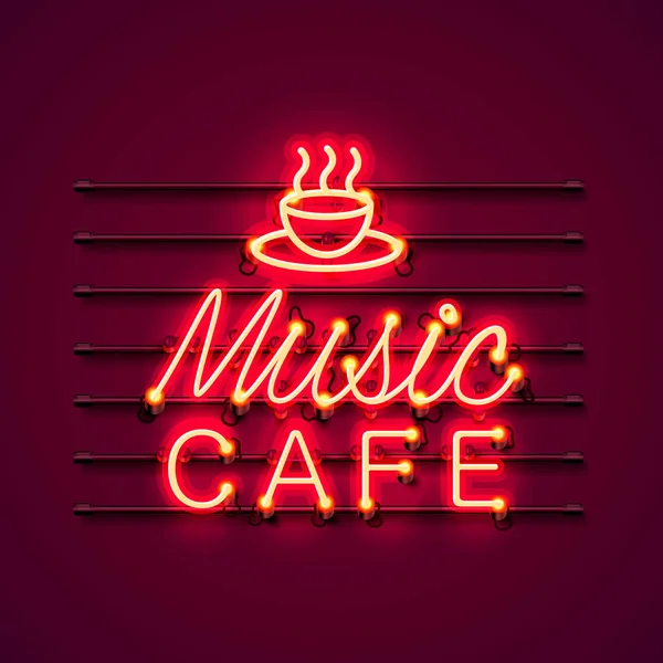 Neon muziek café tekst pictogram bord. — Stockvector