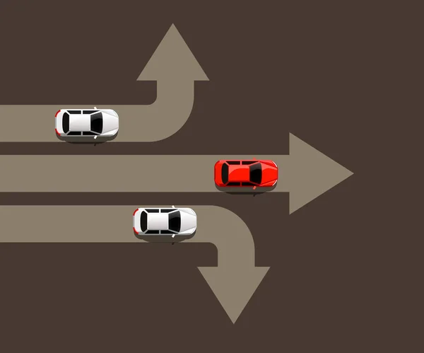 Coche moviéndose en diferentes direcciones. Concepto de líder. Camino al éxito . — Archivo Imágenes Vectoriales