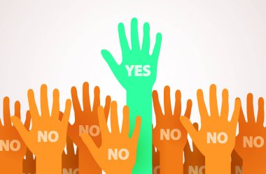 Eller bir bireysellik veya benzersiz kişi Evet diyerek kaldırdı. Kalabalık bir lideri. Oylama veya gönüllü kavramı.