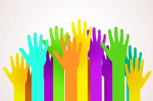 Folle di mani felici colorate. Volontariato, beneficenza o concetto di voto . — Vettoriale Stock