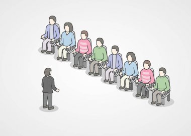 Seyirci sandalyelere oturan insanlar. Hoparlör tanıtım ve pazarlama, satış veya e-ticaret hakkında profesyonel eğitim yapıyor. Sunum ya da motivasyon Konferansı.