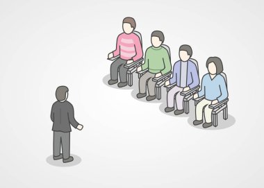 Seyirci sandalyelere oturan insanlar. Hoparlör tanıtım ve pazarlama, satış veya e-ticaret hakkında profesyonel eğitim yapıyor. Sunum ya da motivasyon Konferansı.