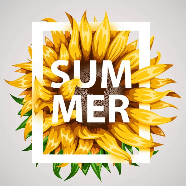 Realistisch mooie zonnebloem frame. Gele bloem frame met zomer tekst. Zomer concept. — Stockvector