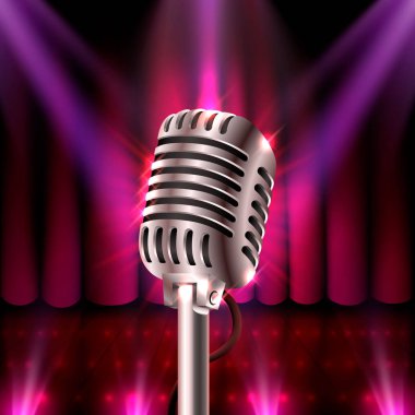 Müzikal gösteri, kırmızı sahne üzerinde mikrofon.