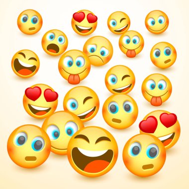 Modern sarı üç Emoji, duygular gülüyor.