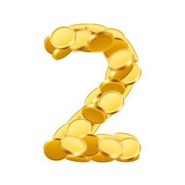 Vektör yazı tipi tarzı altın sikkeleri yaptı. Para numaraları. 2 numara. İki.