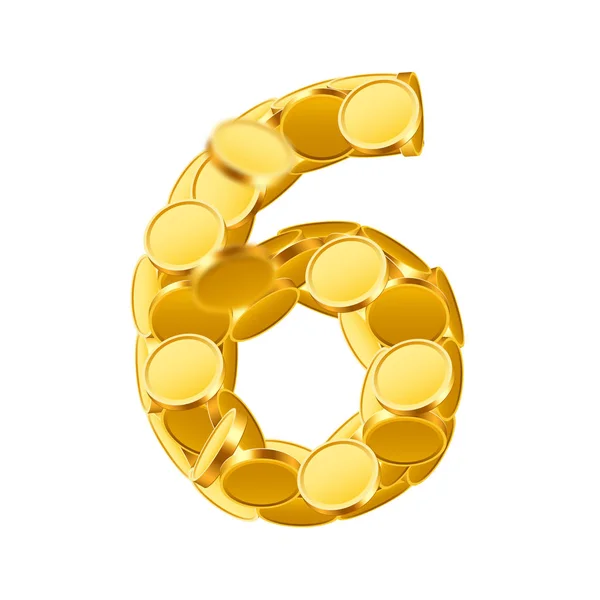 Vector tekenstijl gemaakt van gouden munten. Nummers van de munt. Nummer 6. Zes. — Stockvector