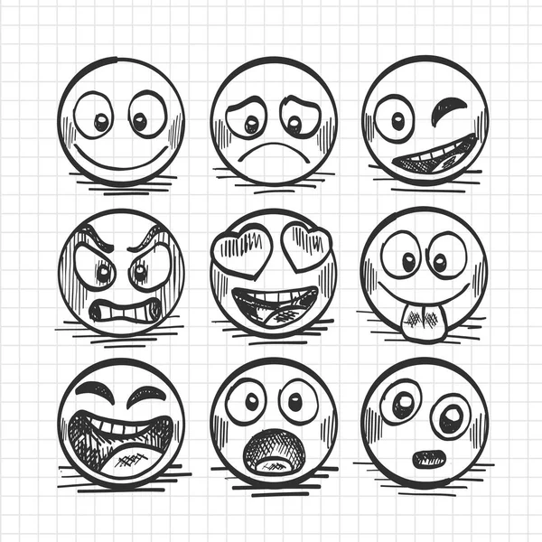 Skiss av handen ritade uppsättning tecknad emoji. — Stock vektor